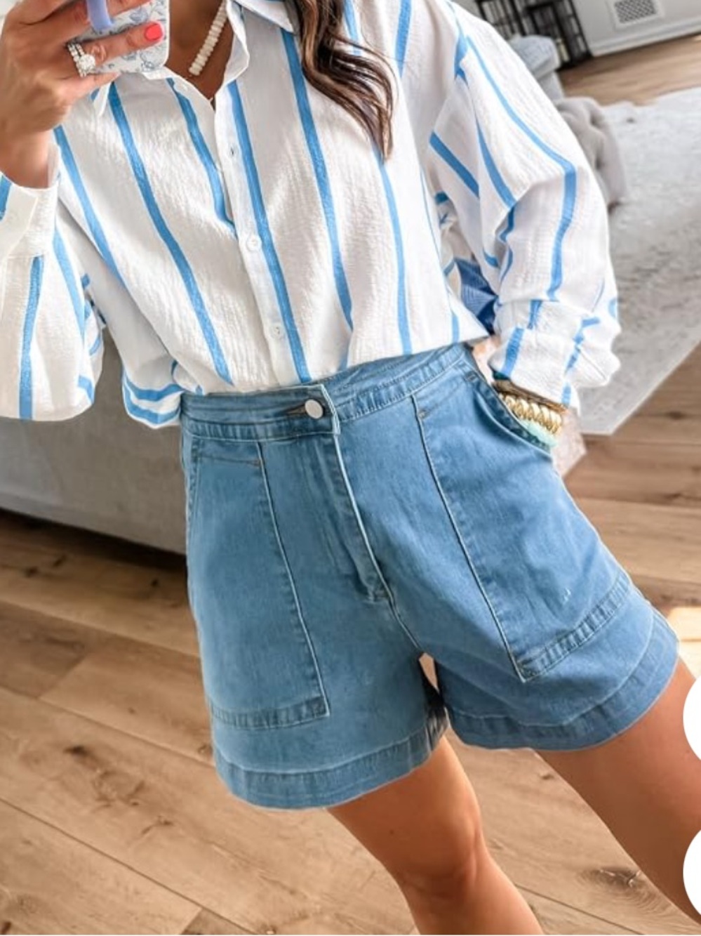 High-Waist Denim Utility Shorts in Light Blue🎆
